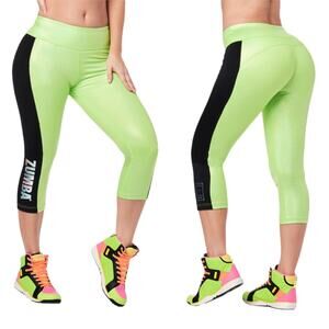 Zumba NWT Shine Bright Crop Legging Get In Lime Size XS XSpicy Iridescent Foil
